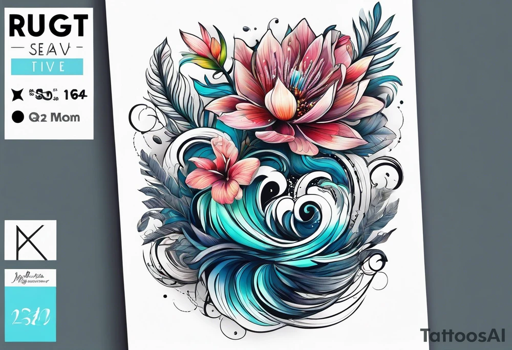sea,, night, flower, palm, tattoo idea