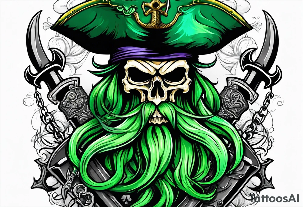 green pirate squid holding sword and anchor, black hat, skull face, beard tattoo idea