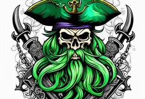 green pirate squid holding sword and anchor, black hat, skull face, beard tattoo idea