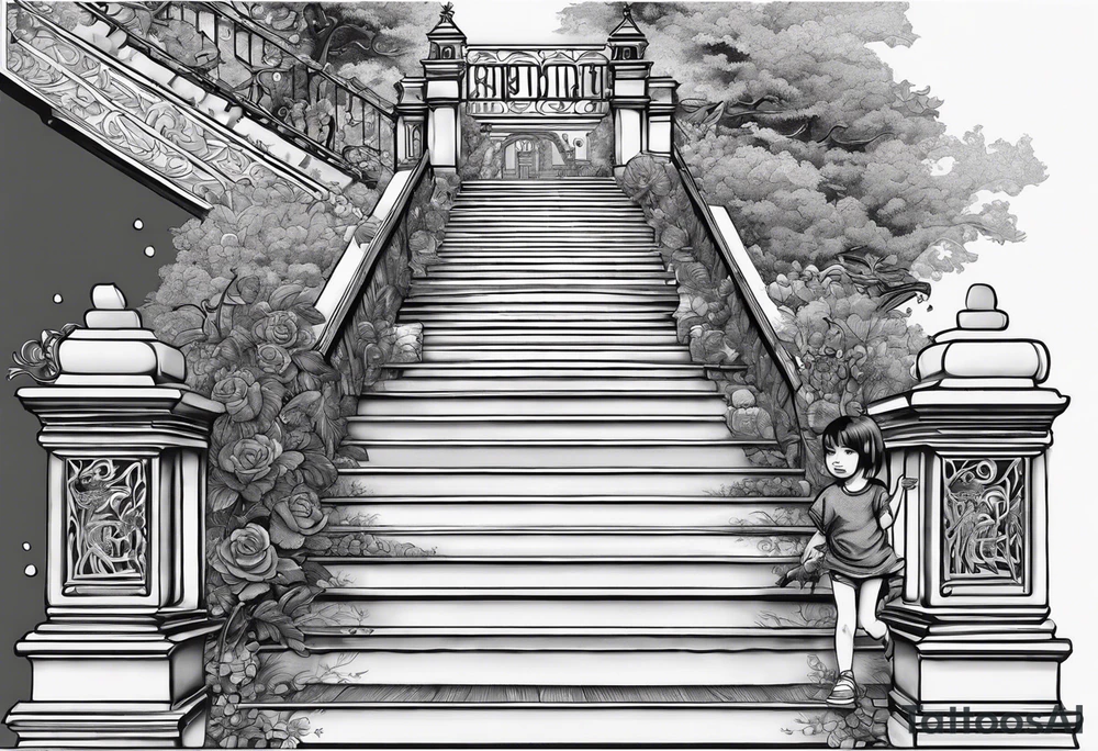Stairway to heaven shoulder to elbow sleeve with sister holding her baby walking up the stairs and the dates 1999-2022 tattoo idea