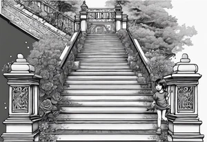 Stairway to heaven shoulder to elbow sleeve with sister holding her baby walking up the stairs and the dates 1999-2022 tattoo idea