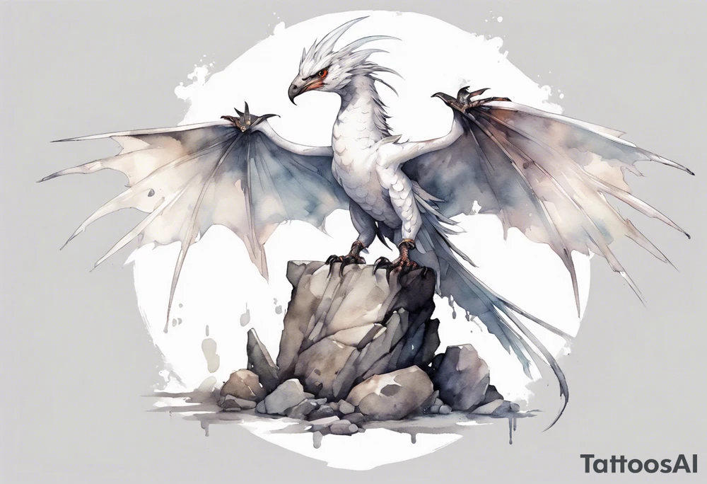 a white bird-wyvern hybrid wearing a plain iron band around leg, perched on a stone throne tattoo idea