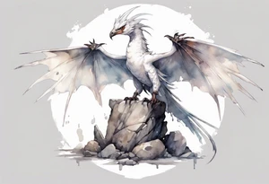 a white bird-wyvern hybrid wearing a plain iron band around leg, perched on a stone throne tattoo idea