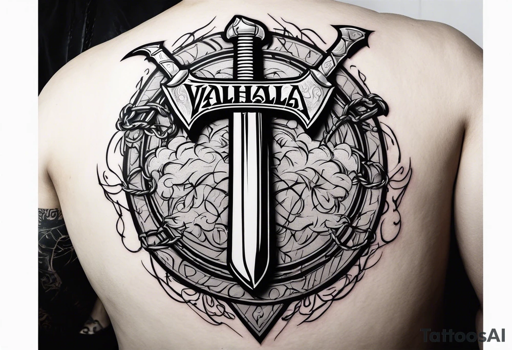 Valhalla sword round
shield axe barbed wire chains dark cloud lightning tattoo idea