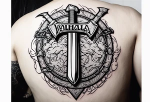 Valhalla sword round 
shield axe barbed wire chains dark cloud lightning tattoo idea