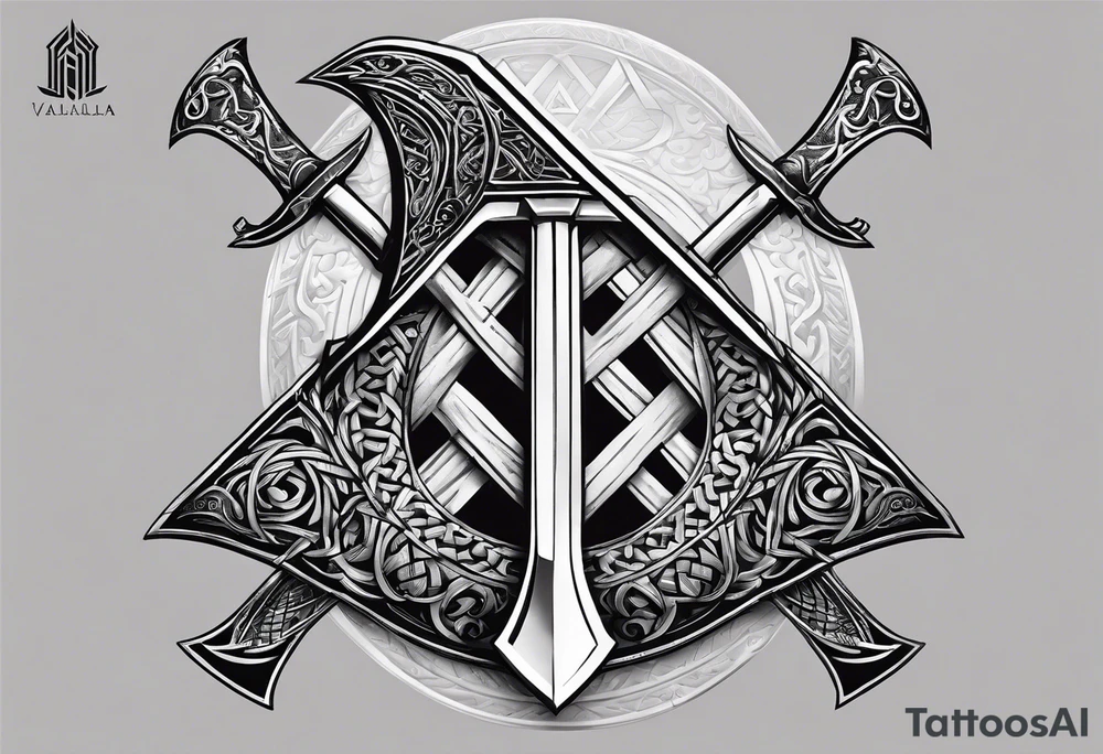 Valhalla  sword shield axe Valknut fog tattoo idea