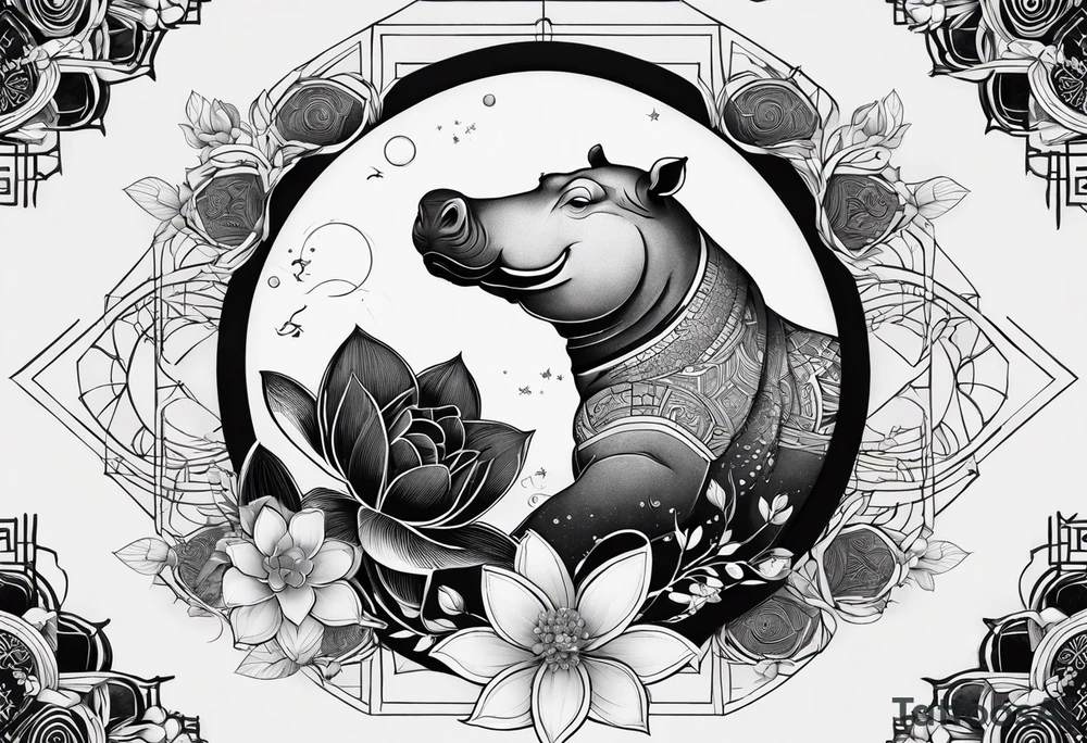 Very asymmetrical, +geometric pattern, with realistic full moon, with hippo, +zen feel, + Buddhism touch, +tribal, +geometric, +inkart 
with wintersweet flower bud, +portrait orientation, +inkart touch, tattoo idea