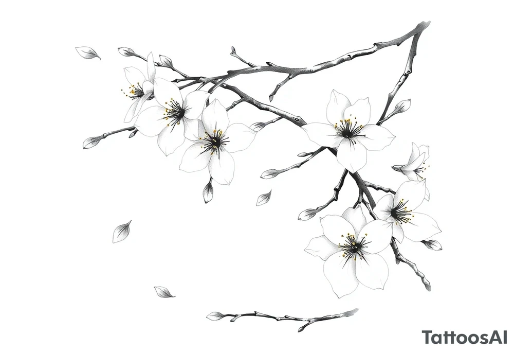 delicate cherry blossoms swirling in spring breeze with petals tattoo idea