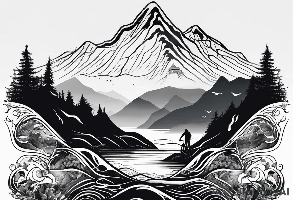 This is a tattoo that is split into 2 sections. The top half is a mountain in Norway with a mountain bike trail winding down the mountain. The bottom half of the tattoo depicts an underwater scene featuring water, and sea life. tattoo idea
