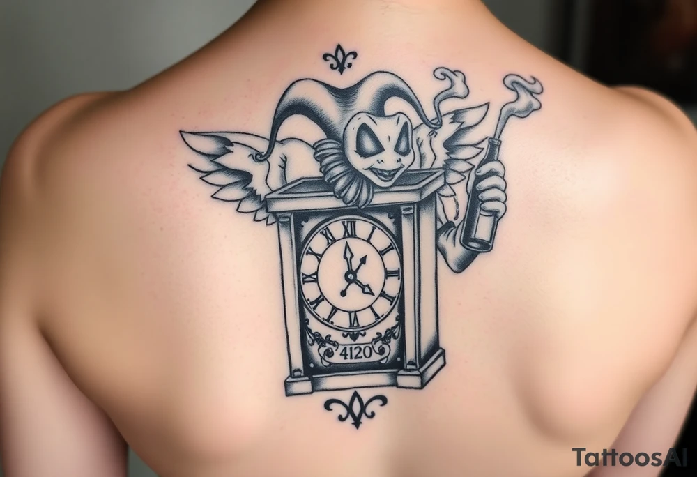 jack in the box
the box as a clock with the time 420
two open wings besides the clock
smoke as the spring
a jester clown coming out the smoke
smoking in one hand with a liquor bottle on the other hand tattoo idea