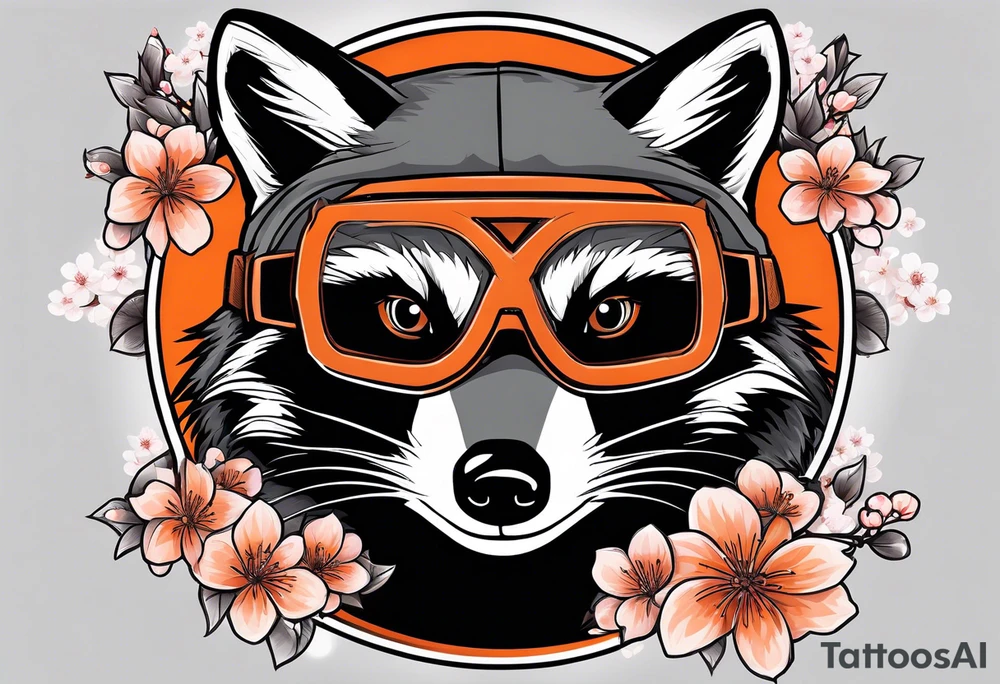 Raccoon wearing a white Superman logo on a black hoodie and orange Japanese cherry blossoms tattoo idea