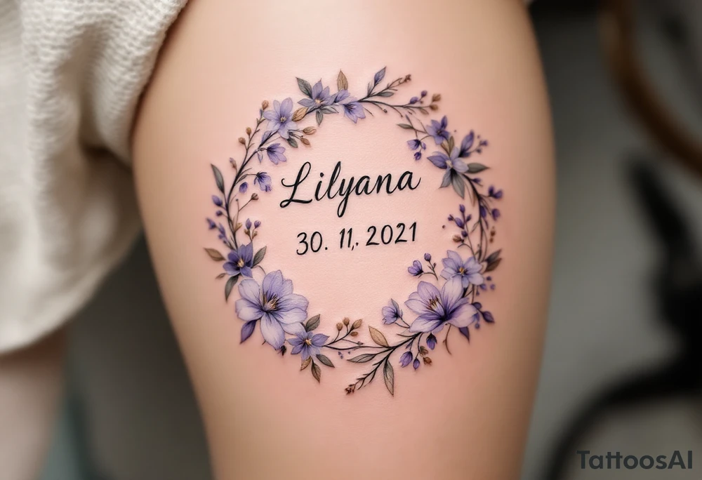 Lenka 30. 11. 2021 – Lavender and soft gold flowers circling Lilyana's birthdate, in a delicate cursive font. tattoo idea