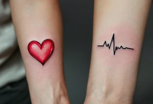 A red anatomical heart tattooed on one partner and a matching black heartbeat line forming a heart on the other. tattoo idea