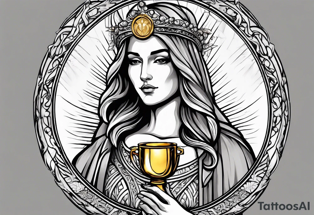holy saint woman with golden halo holding a chalice tattoo idea