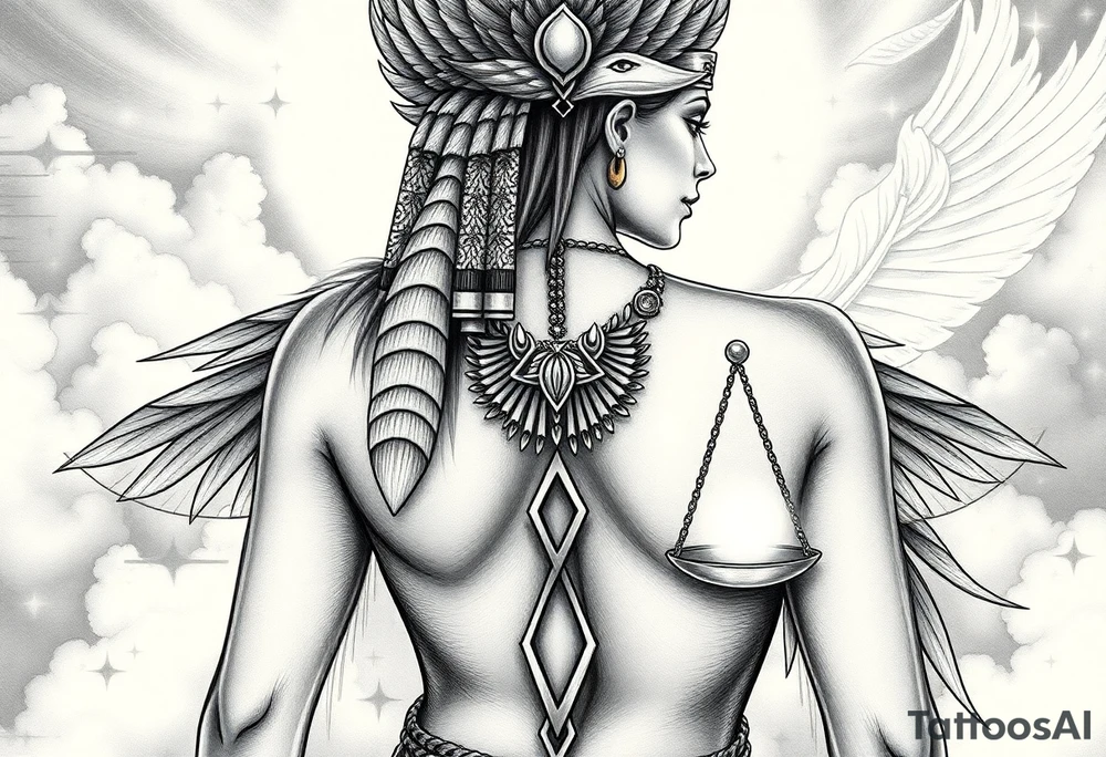 Beautiful Egyptian goddess with a curvy body and breasts. She is wearing an ostrich feather headdress, and intricate ancient Egyptian jewelry the Anhk necklace. Background includes something similar to heaven. Incorporate the Scales of Justice—one side holding a heart, the other Ma’at’s feather—glowing with ethereal energy. Emphasize dramatic lighting, deep shadows, and surreal, mystical atmosphere tattoo idea