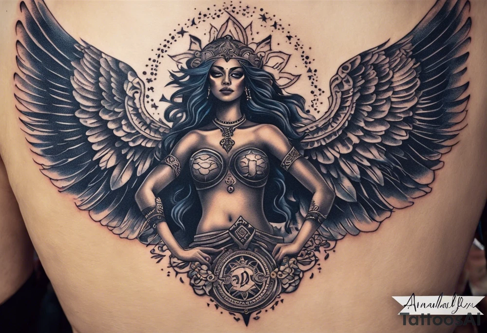 black kali, goddess pirate, alien, angel, pachamama, valkrye, warrior, flying, skull, lotus azul, wing, eagle, zenza resonance, stars, 5D, anahata chakra, death, durga, riding on a tiger, flying lady, kundalini, chest tatoo tattoo idea