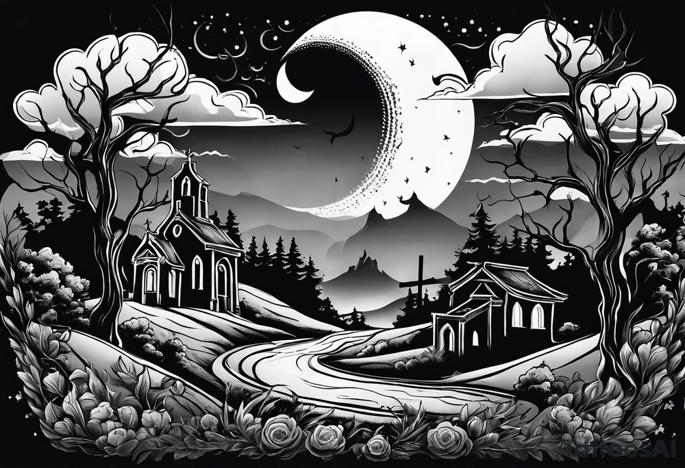 Graveyard with moon and smoke  on hills tattoo idea