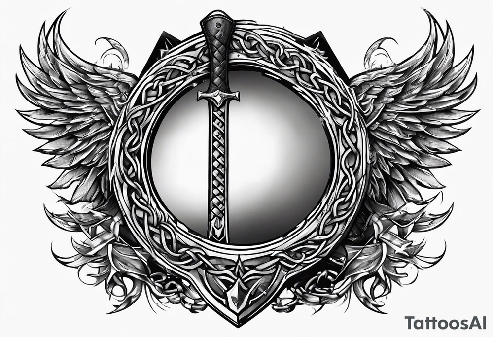 Valhalla sword round shield axe barbed wire chains tattoo idea