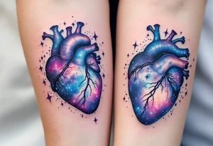 Blue and purple galaxy anatomical hearts matching across both upperarms, symbolizing cosmic connection. tattoo idea