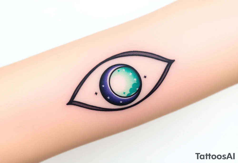 Large outline of an almond shaped eye with an ace of spades for the eyeball center colored greenish blue with a crescent moon stars and clouds inside vivid colors blue green purple tattoo idea
