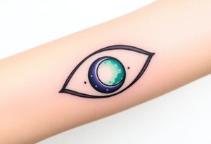 Large outline of an almond shaped eye with an ace of spades for the eyeball center colored greenish blue with a crescent moon stars and clouds inside vivid colors blue green purple tattoo idea