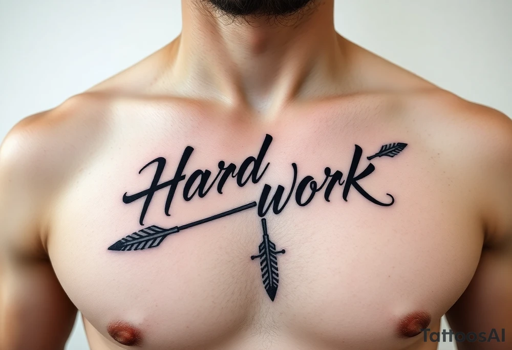chest tattoo with japanese writing of hard work combined with bow and arrow tattoo idea