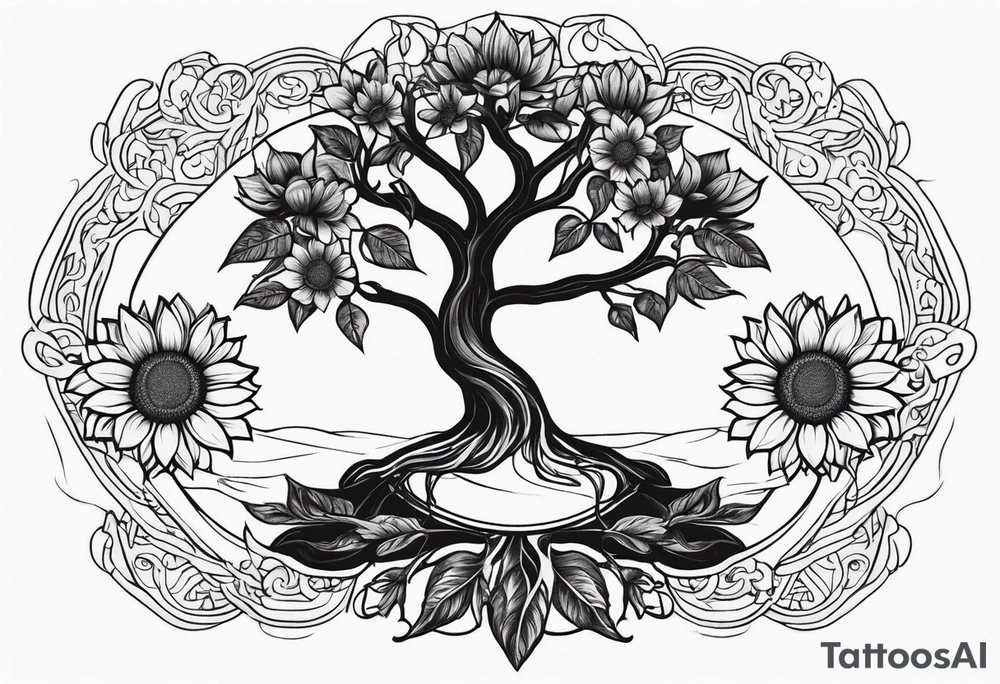 Feminine Yggdrasil tree with two sunflowers tattoo idea