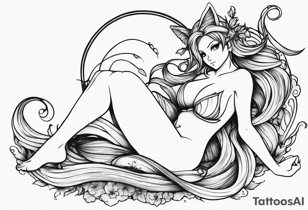A fairy with a tail inspired by the logo of the show called Fairy Tail in a fetal position tattoo idea