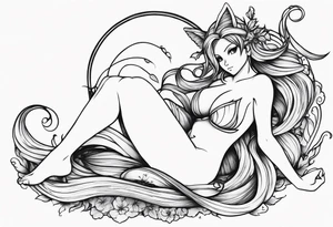 A fairy with a tail inspired by the logo of the show called Fairy Tail in a fetal position tattoo idea
