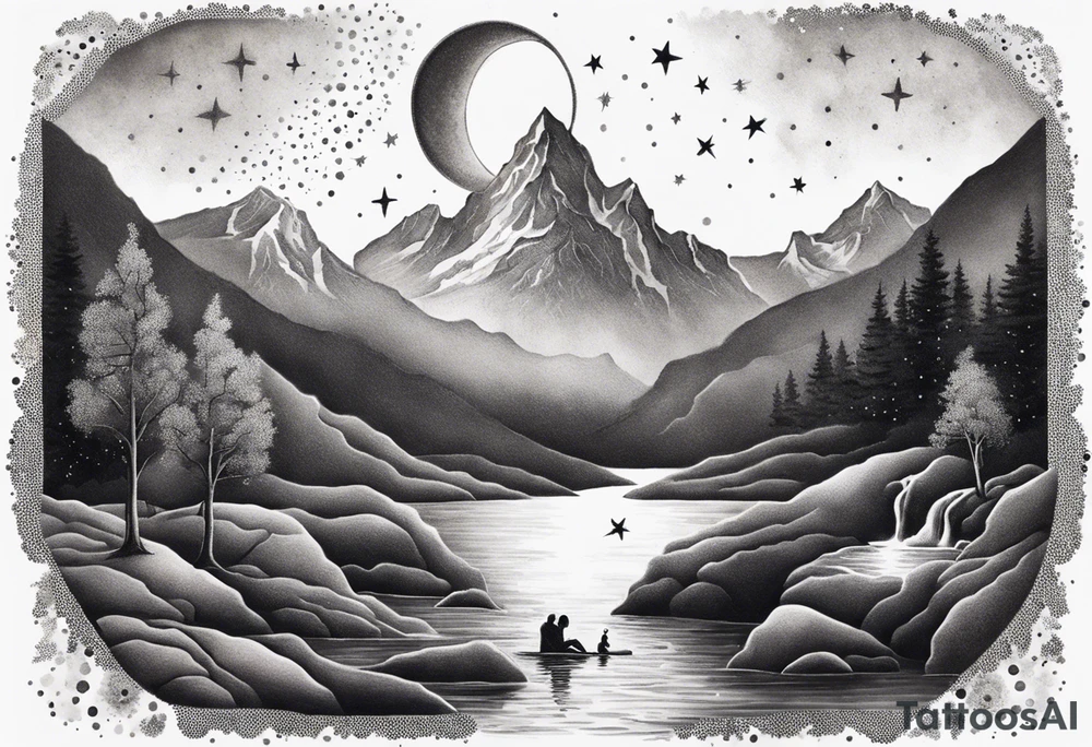 a family of three sitting in a nature with mountains, waterfall, water, and a cross in the background and and moon in the sky with stars tattoo idea