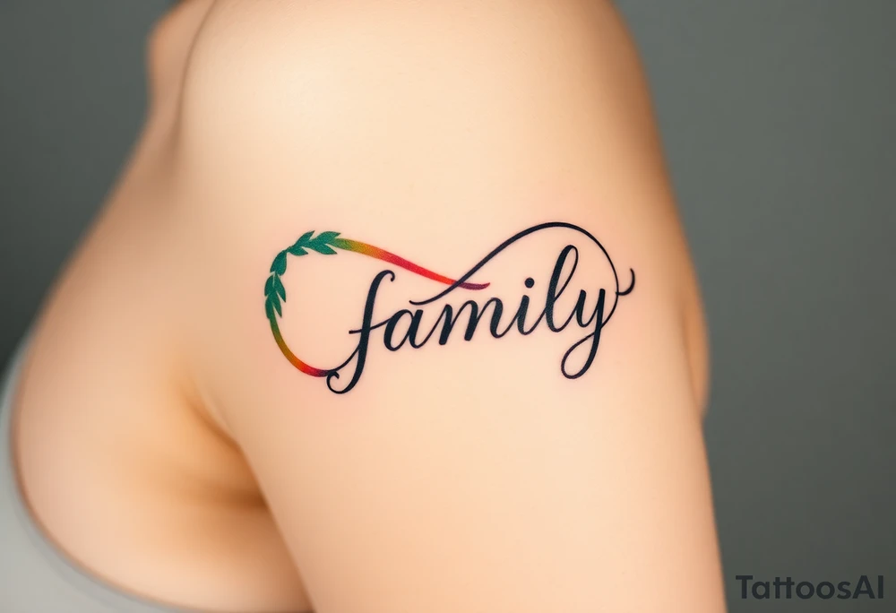 A flowing infinity symbol intertwined with the word "family" written in elegant cursive, symbolizing endless love and connection tattoo idea