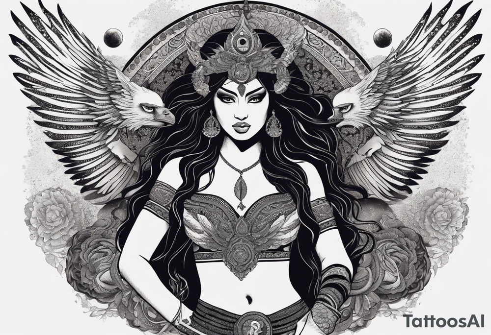 black kali, goddess pirate, alien, angel, pachamama, valkrye, warrior, flying, skull, lotus azul, wing, eagle, zenza resonance, stars, 5D, anahata chakra, death, durga, riding on a tiger, flying lady, kundalini, chest tatoo, samuri, rebel,serpent tattoo idea