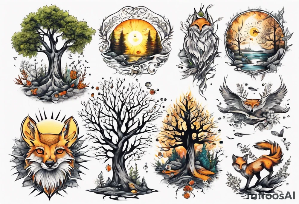 sonne, eule  wald, fuchs 
baum, sapere aude, Wasser, fisch tattoo idea