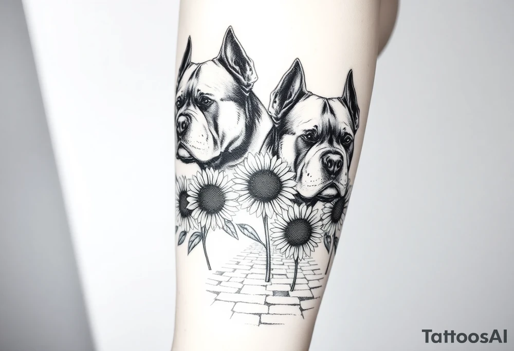 Multiple very thick muscled up pitbulls' portraits fading into the background as filler incorporate sunflowers, an old road made from pavers tattoo idea