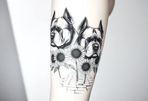 Multiple very thick muscled up pitbulls' portraits fading into the background as filler incorporate sunflowers, an old road made from pavers tattoo idea