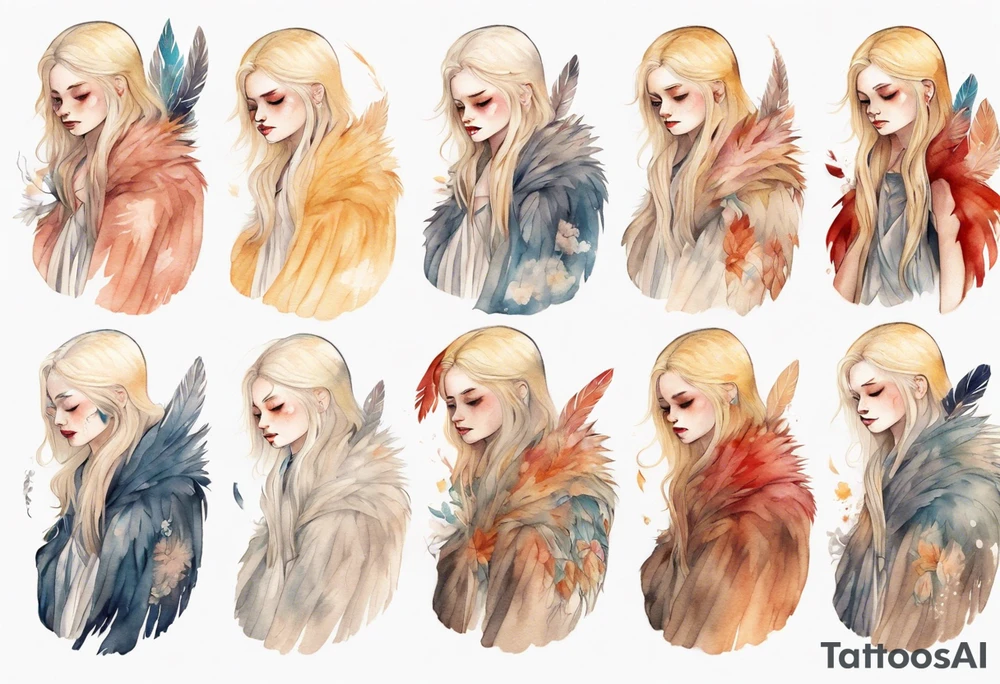 a sad blond woman with a feathered cloak tattoo idea