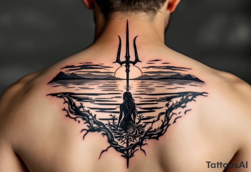 trident half way under calm water with mermaid at sunset tattoo idea