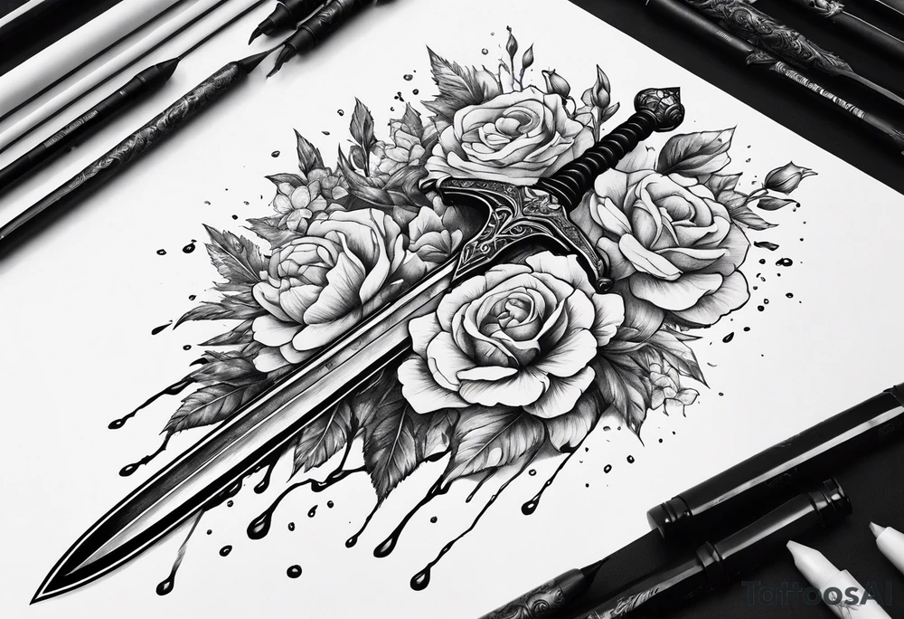 Bloody sword dripping onto flowers tattoo idea