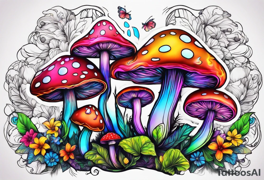 Fairies on mushrooms neon colors tattoo idea