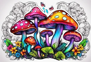 Fairies on mushrooms neon colors tattoo idea