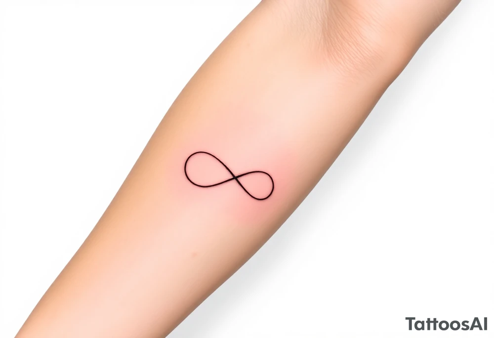 Quero uma tatuagem no antebraço, simples e elegante. O design deve começar com a data de nascimento do meu avô 08-03-1955escrita em vermelho, seguida de um símbolo de infinito em branco, com uma leve sombra ao redor para destacá-lo. O símbolo de infinito deve continuar numa linha reta, como se fosse um infinito sem fim. A linha deve ser discreta e uniforme, mantendo um estilo minimalista. tattoo idea