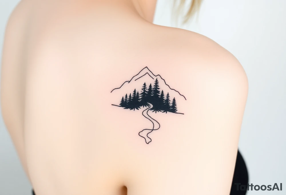 A minimalist fine line tattoo inspired by the song 'Exile,' depicting a quiet mountain scene with a narrow trail cutting through a dense forest. The design is simple yet evocative, with crisp black lines to emphasize the solitude and introspective theme of the song. This tattoo would sit gracefully on the upper back of the shoulder. tattoo idea