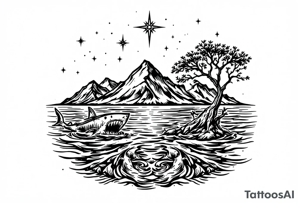 tattoo that has an acacia tree with mountains, ocean with a ship wreck with sharks and the northern star tattoo idea