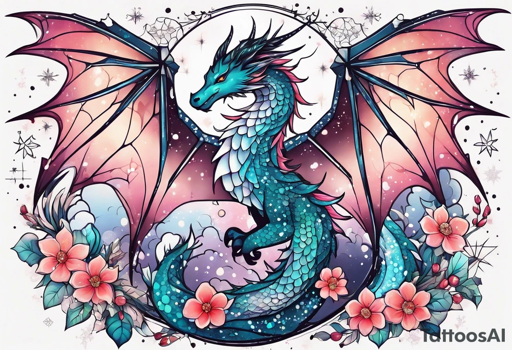 Constellation, wing , snow , cross , dragon female japan kawaii , flower tattoo idea