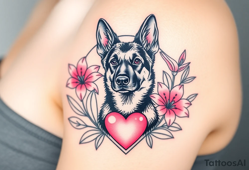 strong looking short haired german shepherd with alert ears surrounded by pink lilies with large leaves in front of a sacred heart tattoo idea