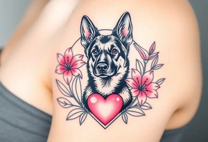 strong looking short haired german shepherd with alert ears surrounded by pink lilies with large leaves in front of a sacred heart tattoo idea