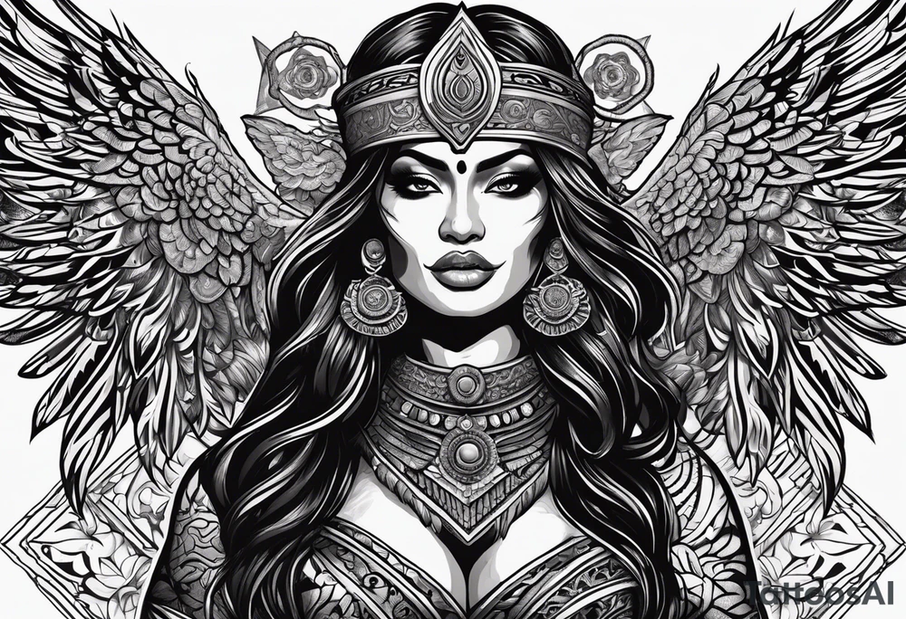 black kali, goddess pirate, alien, angel, pachamama, valkrye, warrior, flying, skull, lotus azul, wing, eagle, zenza resonance, stars, 5D, anahata chakra, death, durga, riding on a tiger, flying lady, kundalini, chest tatoo, rebel tattoo idea