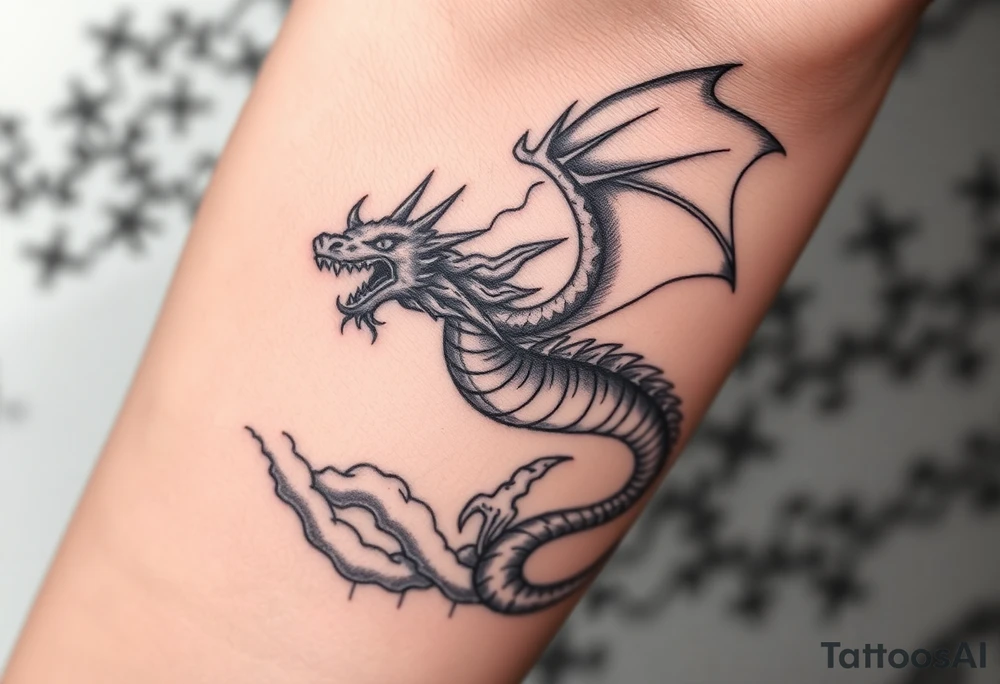 fierce dragon breathing iridescent fire against stormy skies tattoo idea