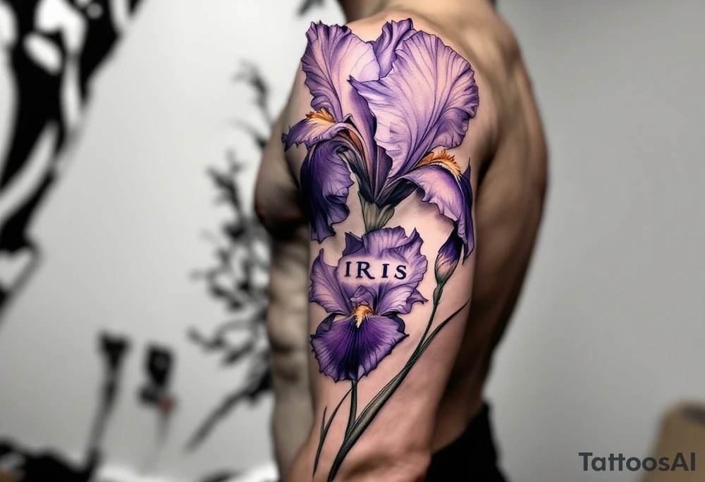 big iris flower with the name “IRIS” written in the stem of the flower tattoo idea