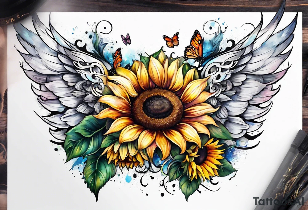 Sleeve with angel wings, sunflower and butterfly tattoo idea